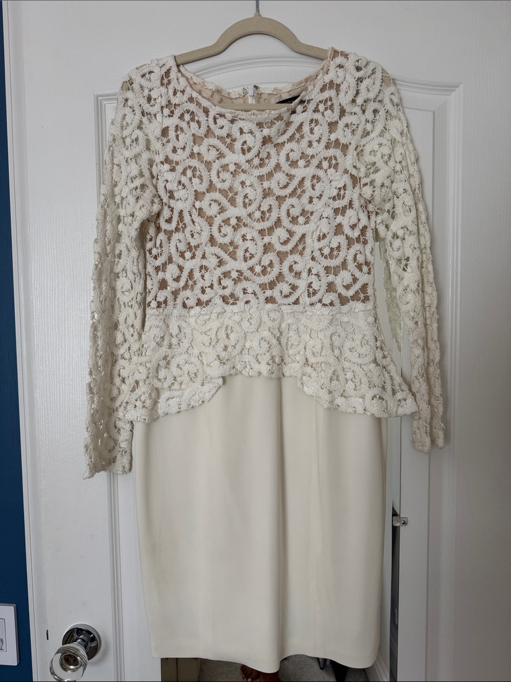 Catherine Malandrino Cream Lace Peplum Long Sleeve Dress